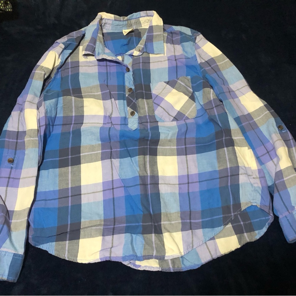 Faded Glory Blue Plaid Henley Roll Tab Sleeve Flannel Shirt Size M 8-10